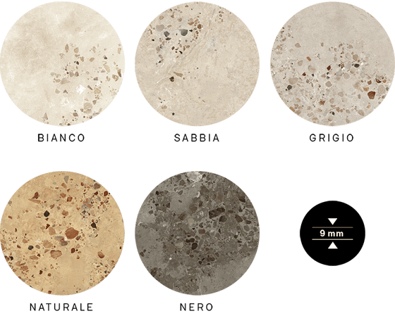 Couleurs des carreaux I Cocci Siciliani (9mm d'épaisseur) : Bianco, Sabbia, Grigio, Naturale et Nero